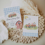 Boy Farm Animals Barnyard Birthday Invitation<br><div class="desc">Adorable invitation d'anniversaire à thème de la ferme avec des animaux de ferme,  une grange et imprimé en vichy bleu.</div>