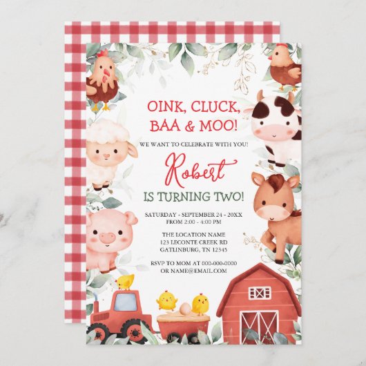 Boy Farm Animals Barnyard Birthday Invitation (Devant / Derrière)