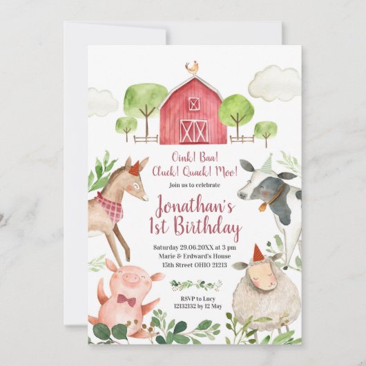 Boy Farm Animals Barnyard Birthday Invitation (Devant)