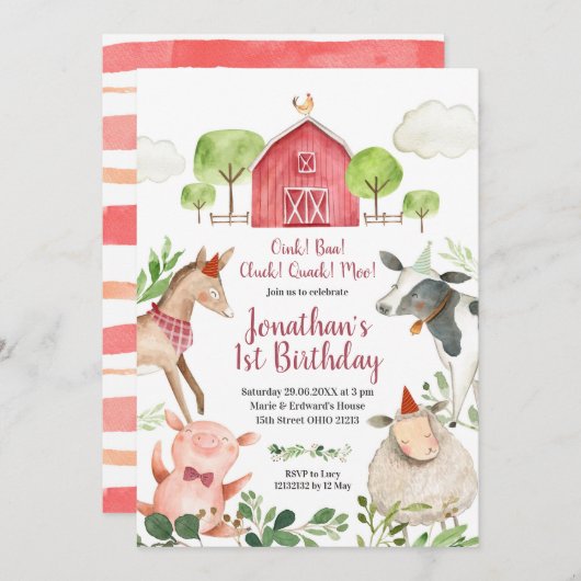 Boy Farm Animals Barnyard Birthday Invitation (Devant / Derrière)