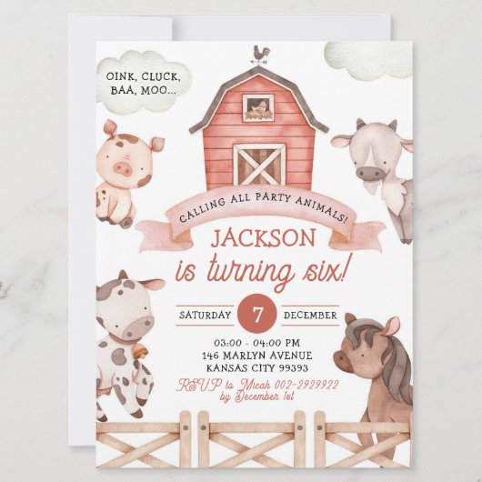 Boy Farm Party Animaux Invitation d'anniversaire (Devant)