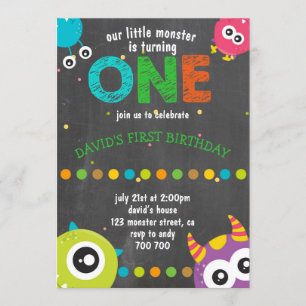 Boy First Birthday Chalkboard Monsters Cute Kaart