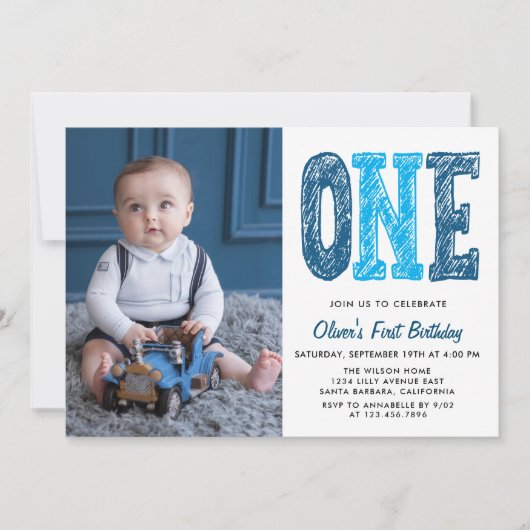 Boy First Birthday Fotouitnodiging Kaart (Voorkant)