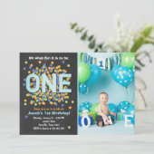 Boy First Birthday Invitation Confetti ONE blue (Debout devant)