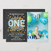 Boy First Birthday Invitation Confetti ONE blue (Devant / Derrière)