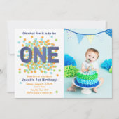 Boy First Birthday Invitation Confetti ONE blue (Devant)