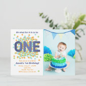 Boy First Birthday Invitation Confetti ONE blue (Debout devant)