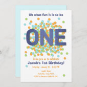 Boy First Birthday Uitnodiging Confetti ONE blue (Voorkant / Achterkant)