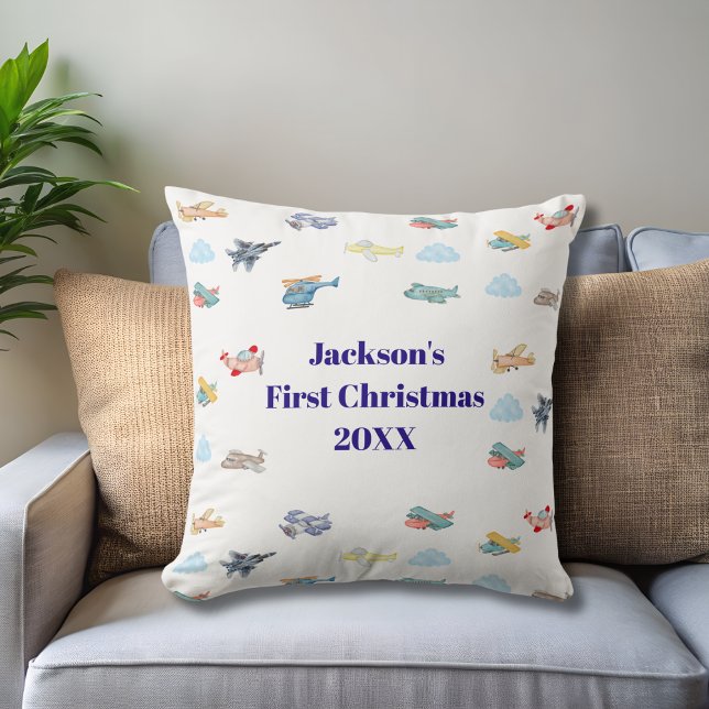 Boy First Christmas Watercolor Airplanes Clouds Kussen (Creator heeft geüpload)
