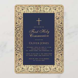 Boy First Communion Blauw Goud Bloemen Lijst Elega Kaart