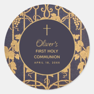 Boy First Communion Blauw Goud Druivenranken Ronde Sticker