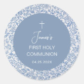 Boy First Communion Blue and White Floral Pattern  Ronde Sticker (Voorkant)