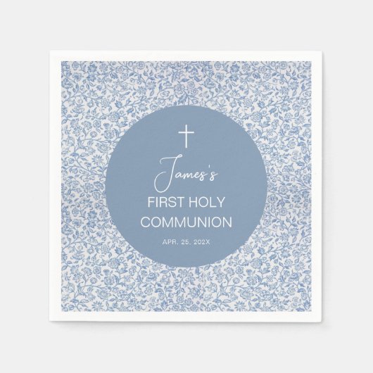 Boy First Communion Blue and White Floral Pattern Servet (Voorkant)