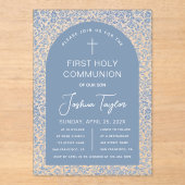 Boy First Communion Blue Arch Floral Pattern  Acryl Uitnodigingen (Voorkant)