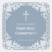 Boy First Communion Dusty Blue Elegant Faux Zilver Vierkante Sticker (Voorkant)
