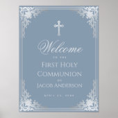 Boy First Communion Dusty Blue Welkom Poster (Voorkant)