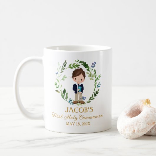 Boy First Communion Favors Greenery Wreath Koffiemok (Met donut)
