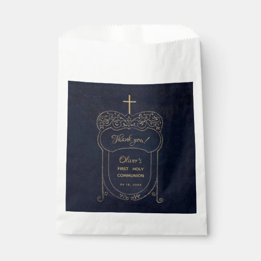Boy First Communion Navy Blue Cross Script  Bedankzakje (Voorkant)