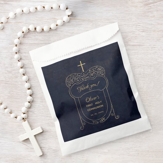 Boy First Communion Navy Blue Cross Script  Bedankzakje