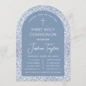 Boy First Holy Communion Blue Arch Floral Pattern Kaart (Voorkant)