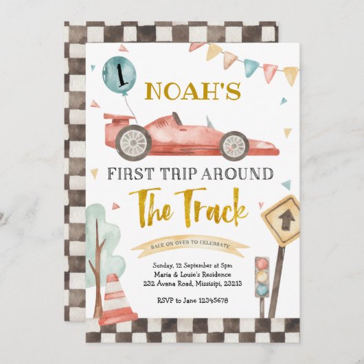 Boy First Racing Birthday Invitation Kaart (Voorkant / Achterkant)