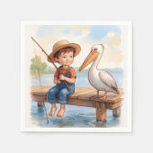 Boy Fishing On a Dock With a Pelican Servet (Voorkant)