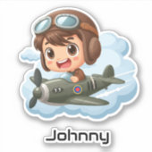 Boy Flying Airplane Clouds Fun Kids Personalized Sticker (Voorkant)