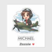 Boy Flying Airplane Cute Kids Personalized Sticker (Vel)
