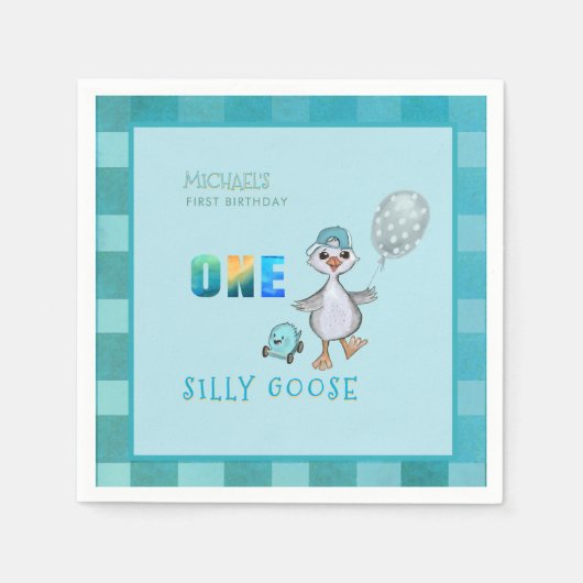 Boy Gekke Goose 1st Birthday Blue Plaid Servet (Voorkant)