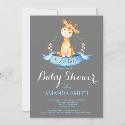 Boy Giraffe Baby shower Invitation Bleu et gris (Devant)