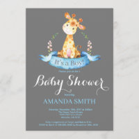 Boy Giraffe Baby shower Invitation Bleu et gris