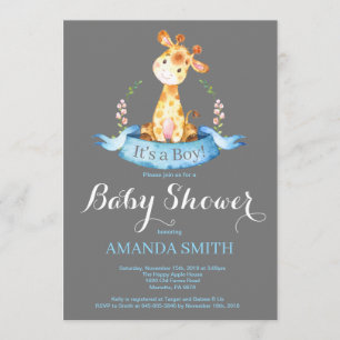 Boy Giraffe Baby shower Invitation Bleu et gris
