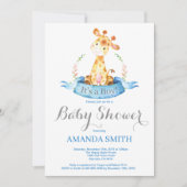 Boy Giraffe Baby shower Invitation Bleu et gris (Devant)