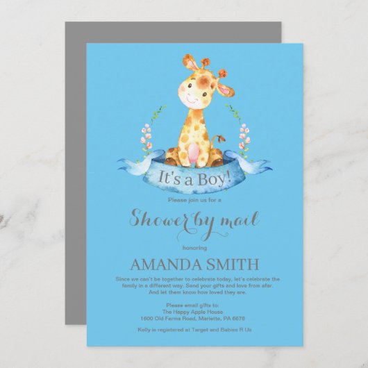Boy Giraffe Baby shower par Mail Invitation (Devant / Derrière)