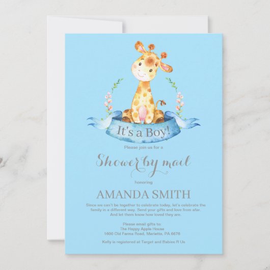 Boy Giraffe Baby shower par Mail Invitation (Devant)