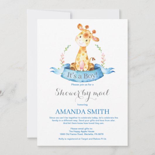 Boy Giraffe Baby shower par Mail Invitation (Devant)