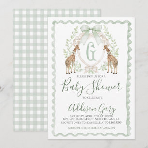 Boy Giraffe Baby shower Preppy Sage Green Gingham Kaart