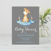 Boy Giraffe Baby shower Uitnodiging Blauw en Grijs (Staand voorkant)
