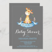 Boy Giraffe Baby shower Uitnodiging Blauw en Grijs (Voorkant / Achterkant)