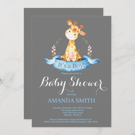 Boy Giraffe Baby shower Uitnodiging Blauw en Grijs (Voorkant / Achterkant)
