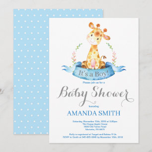 Boy Giraffe Baby shower Uitnodiging Blauw en Grijs