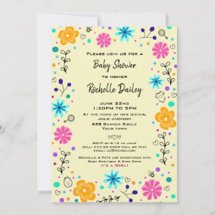 Boy Girl Floral Yellow Cute Baby shower Invitation Kaart
