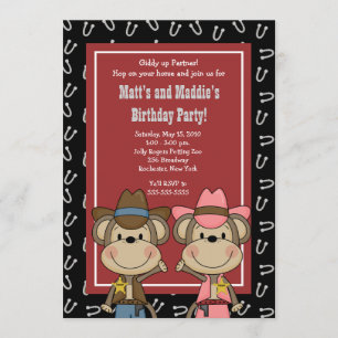 BOY & GIRL Western Cowboy Monkey 5x7 Birthday Kaart