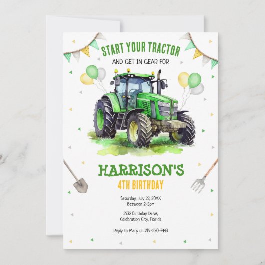 Boy Green Tractor Farm Birthday Party Invitation (Devant)