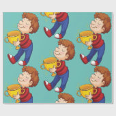 Boy Holding Golden Trophy Award winnaar Cadeaupapier (Vlak)