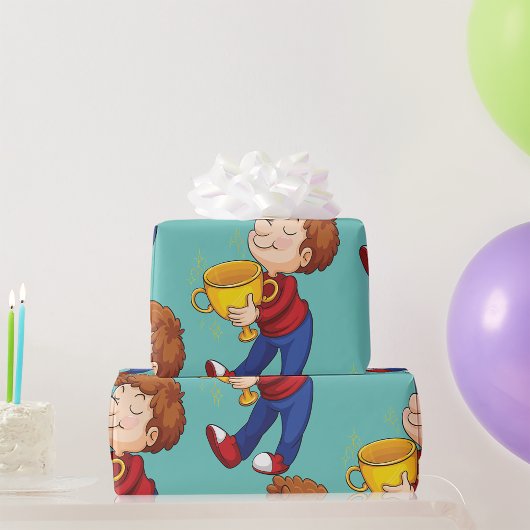 Boy Holding Golden Trophy Award winnaar Cadeaupapier