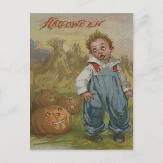 Boy Jack O Lantern Pumpkin Haystack Volle Maan Briefkaart (Voorkant)