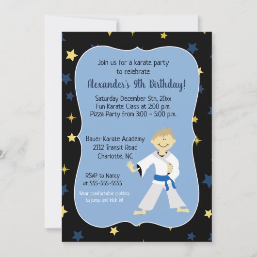 Boy Karate Anniversaire Invitations Ceinture bleue (Devant)