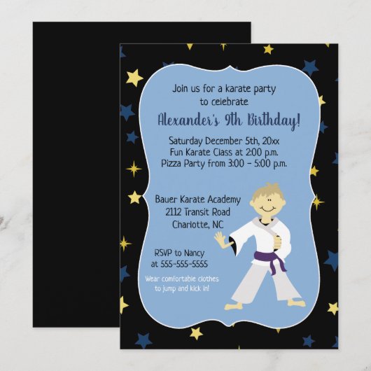 Boy Karate Anniversaire Invitations Ceinture viole (Devant / Derrière)
