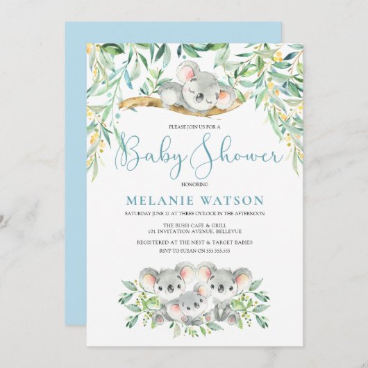 Boy Koala Bush Baby Shower Invitations (Devant / Derrière)